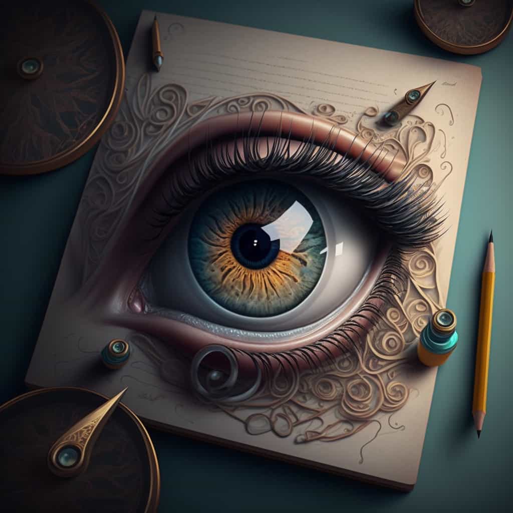 چشم نقاشی شده زیبا با مداد رنگی روی کاغذ