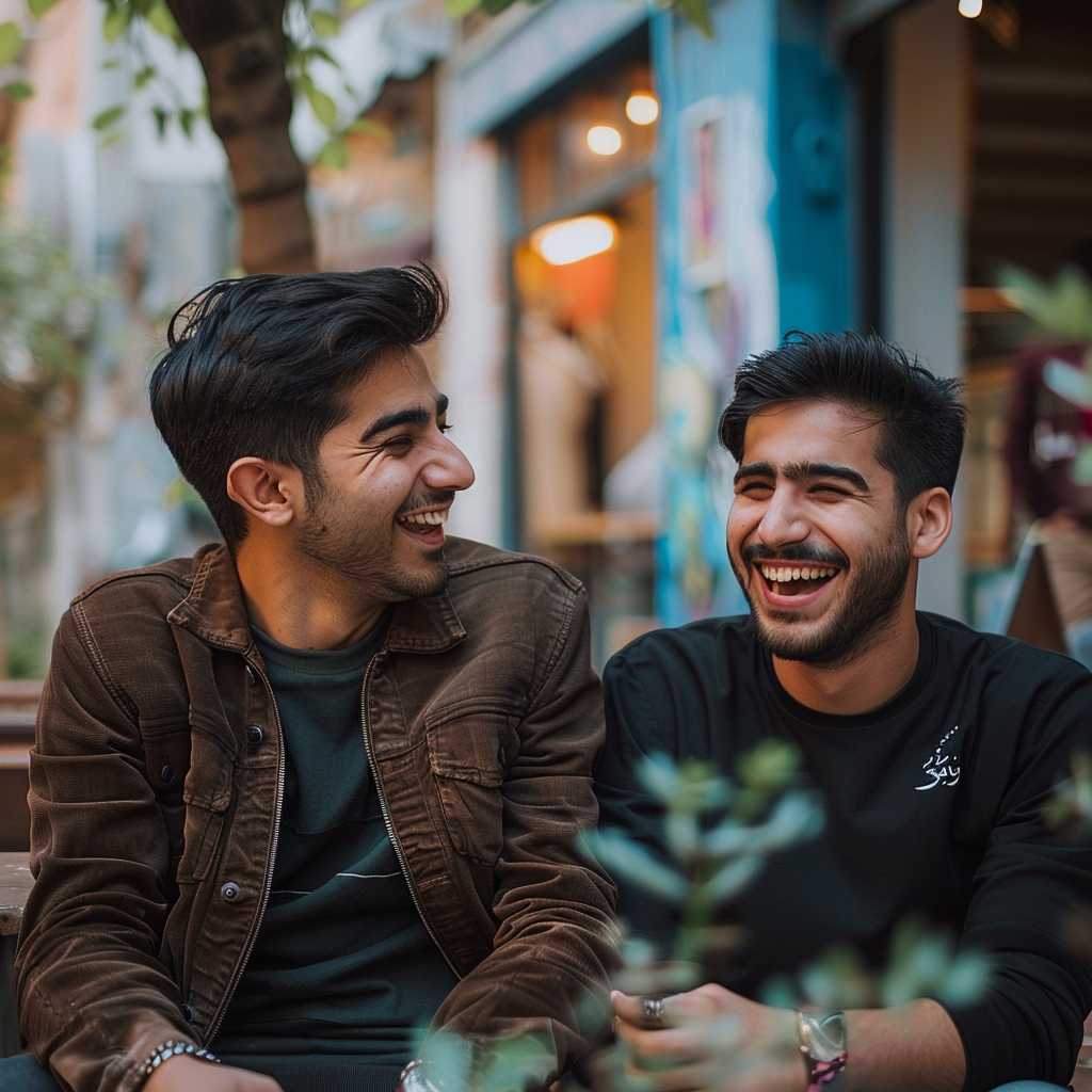 دو جوان خوشحال و شاد در حال خندیدن در خیابان سرسبز