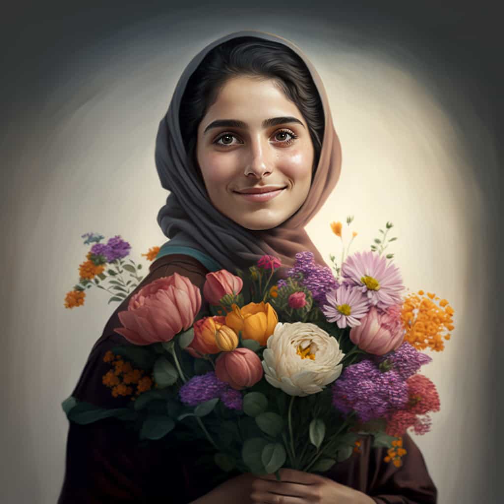 دختر جوان ایرانی که دست گل زیبایی در دست دارد و با آرامش لبخند می زند