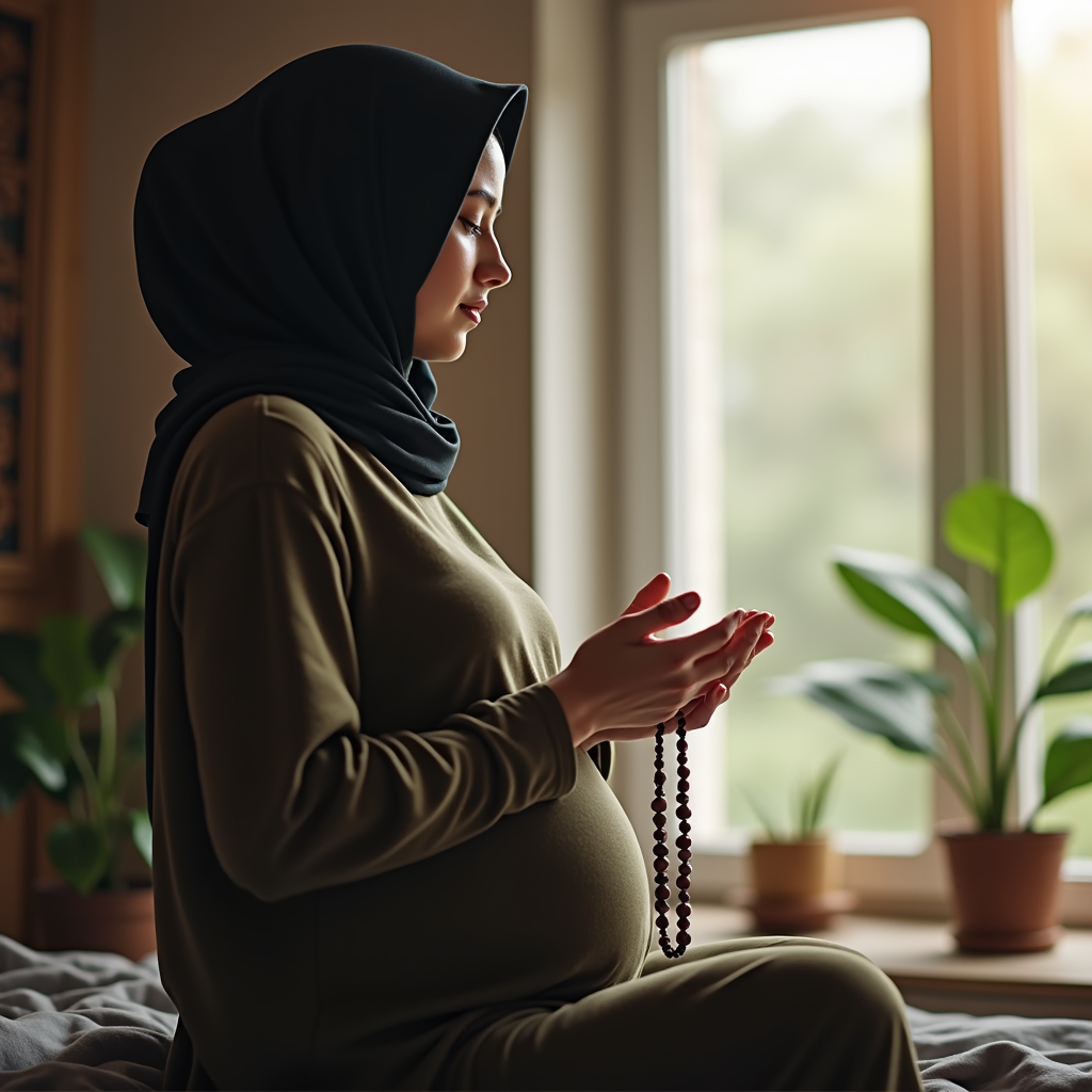 زن باردار محجبه در حال دعا کردن یا تسبیح گفتن بدنبال کنترل استرس در بارداری و کسب آرامش