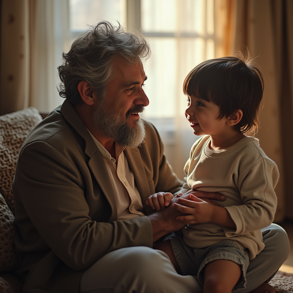 پدربزرگ روی مبل نشسته و با نوه اش صحبت میکند