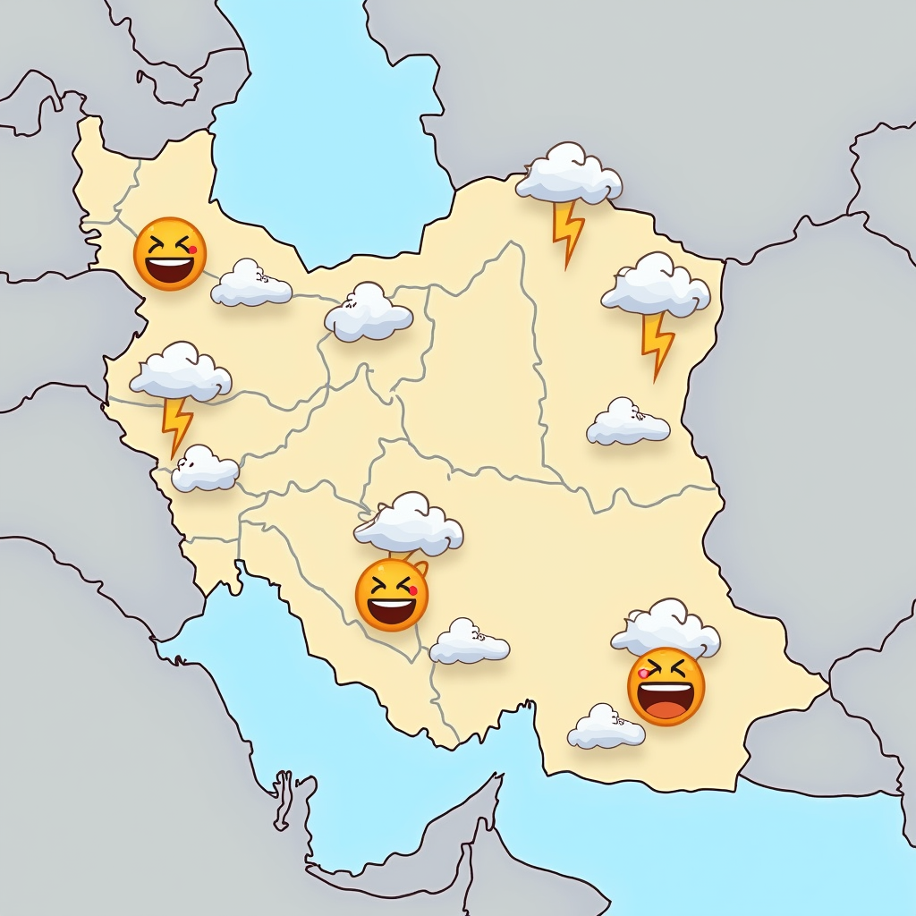 نقشه ایران که روی آن آب و هوای مختلف مناطق نشان داده شده و هر آب و هوا با یک ایموجی غم شادی و یا خنده و اضطراب نمایش داده شده