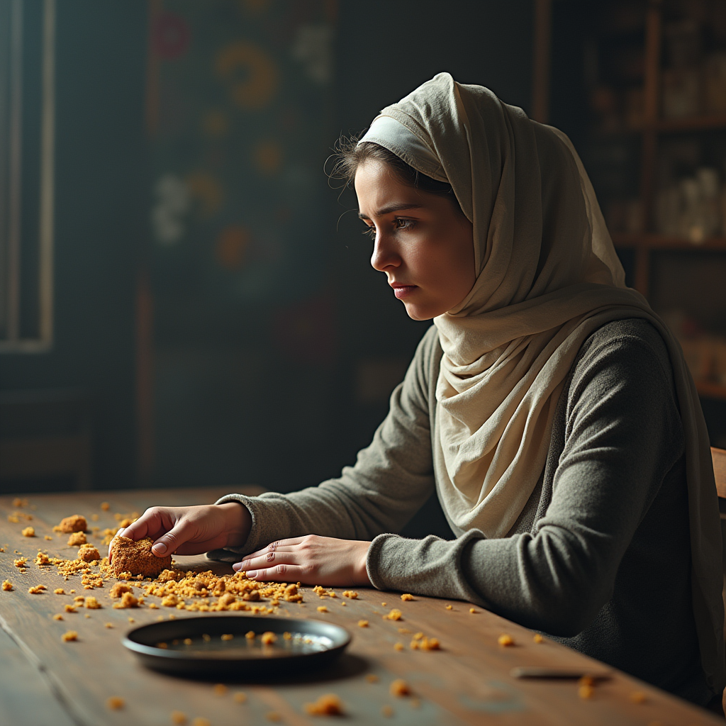 سفره یا میز با چند غذای پراکنده و مقدار بسیار کم، زن با روسری در انتهای سفره نشسته، حالت بیاشتها و غمگین.