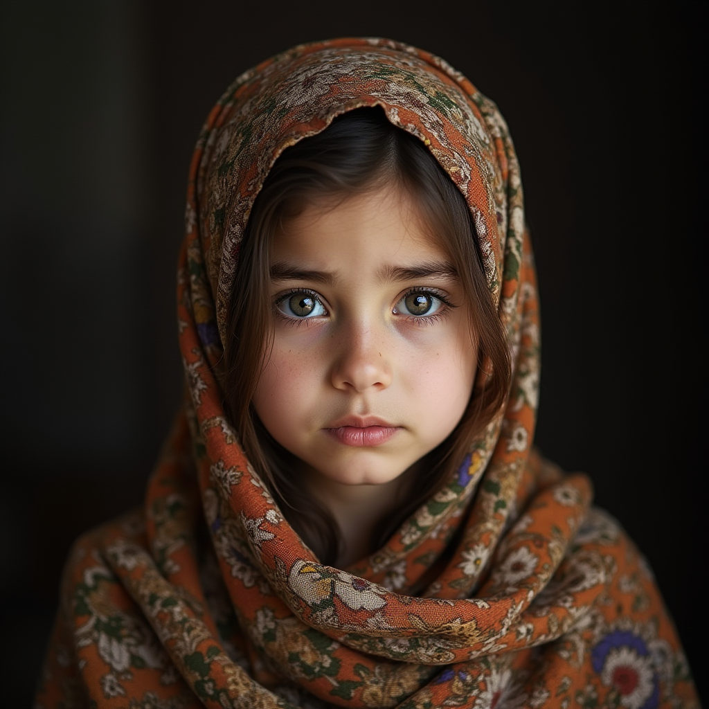 دختربچه ناراحت و غمگین با روسری زیبای گل دار