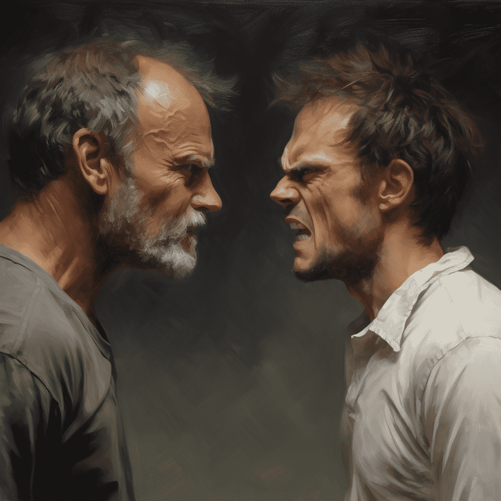 دو فرد خشمگین چهره به چهره با اخمانی گره کرده