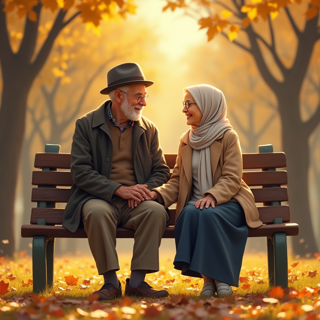 یک زوج مسن نشسته روی نیمکت پارک در یک روز پاییزی.