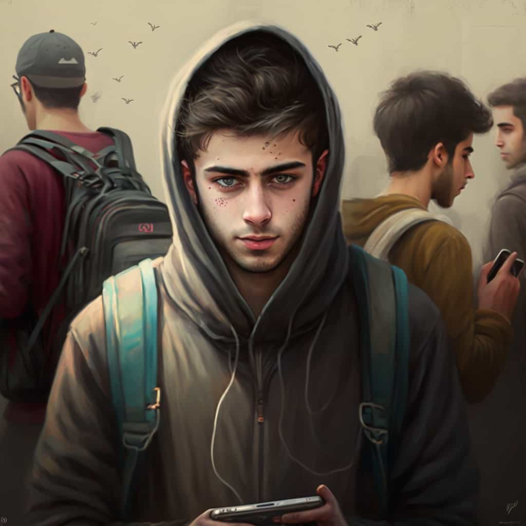 سلامت روان یک نوجوان جرأت مند که در محیط اجتماع حضور پیدا کرده است، گوشی در دست و هودی به تن دارد