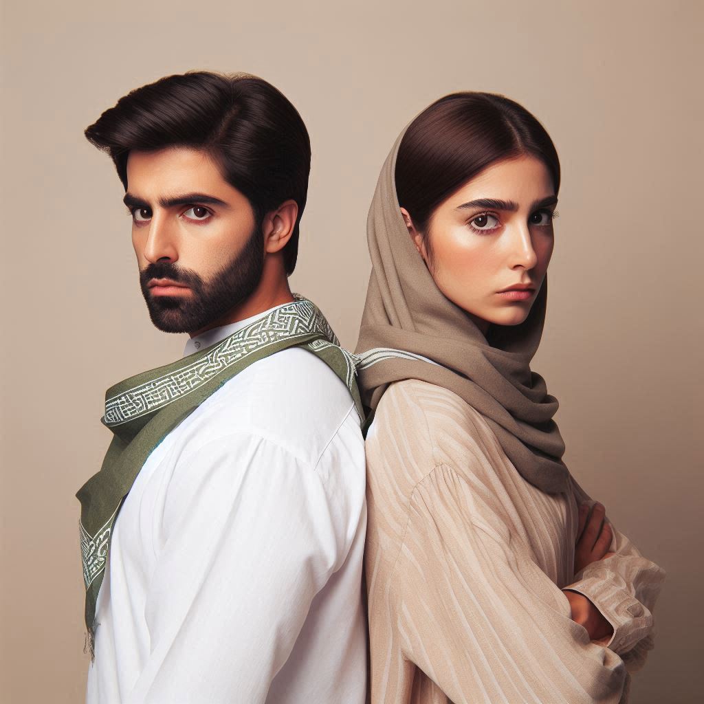 زن و شوهر ایرانی که عصبانی اند و پشت به هم ایستاده اند و از توهم خیانت ناراحتند