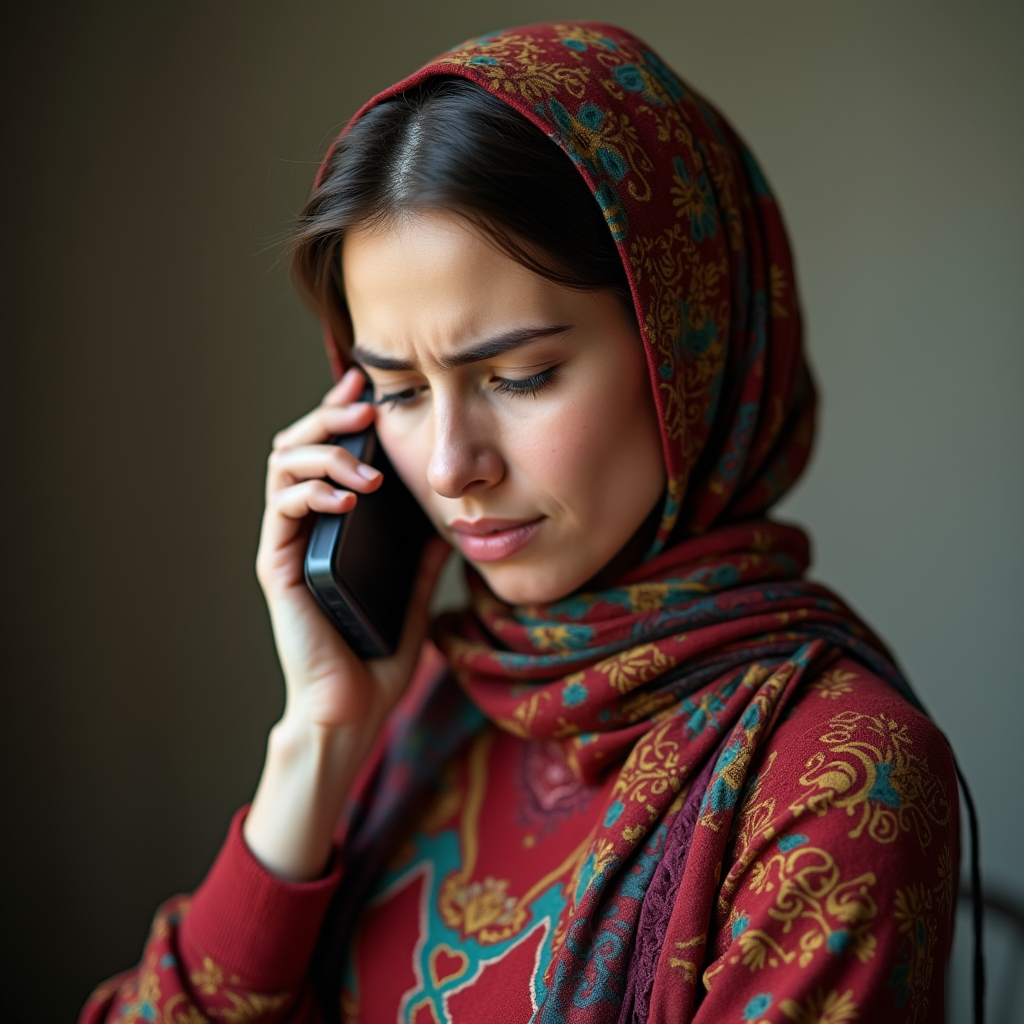 زن ایرانی در حال صحبت با موبایل با مشاور در مورد اختلافات زناشویی خودش و همسرش