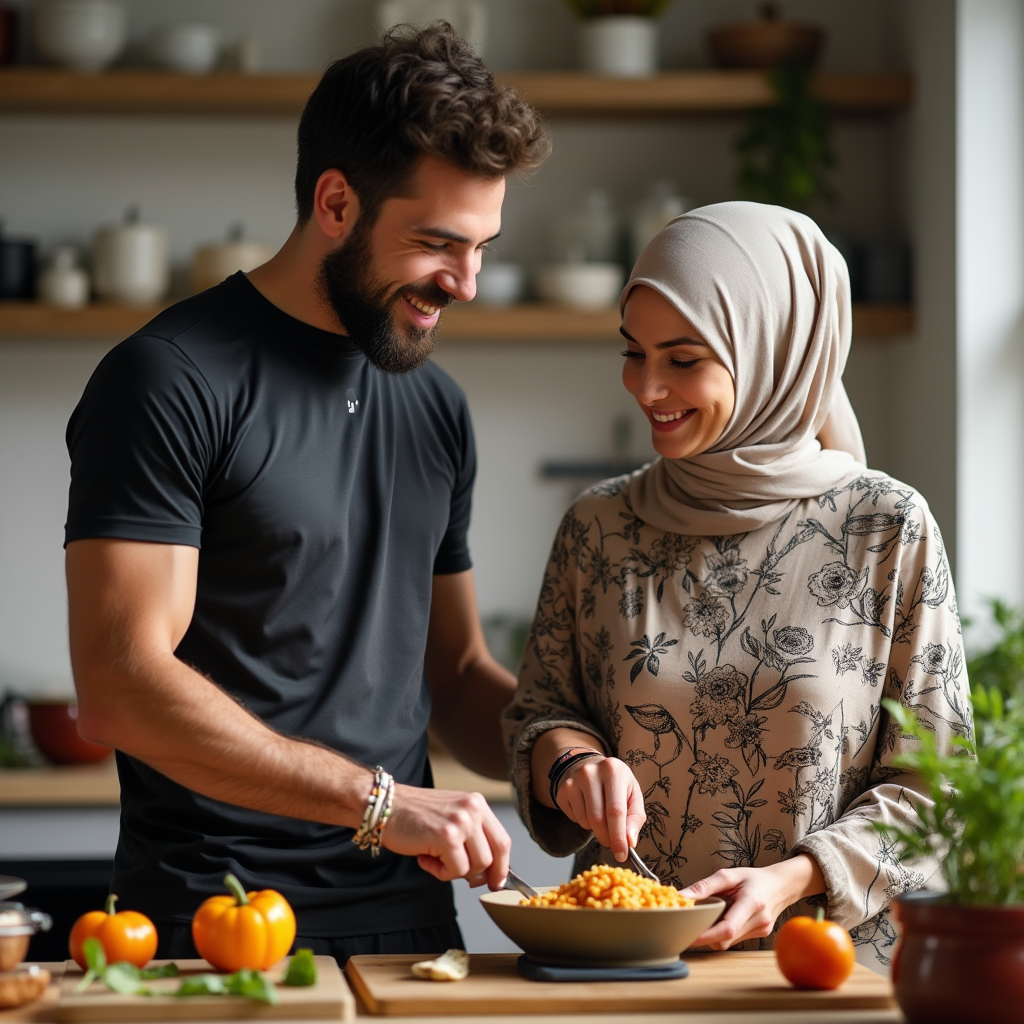 یک زوج در حال همکاری برای پختن غذا در آشپزخانه به نشانه از ازدواج موفق و کمک به درک تفاوت های فردی