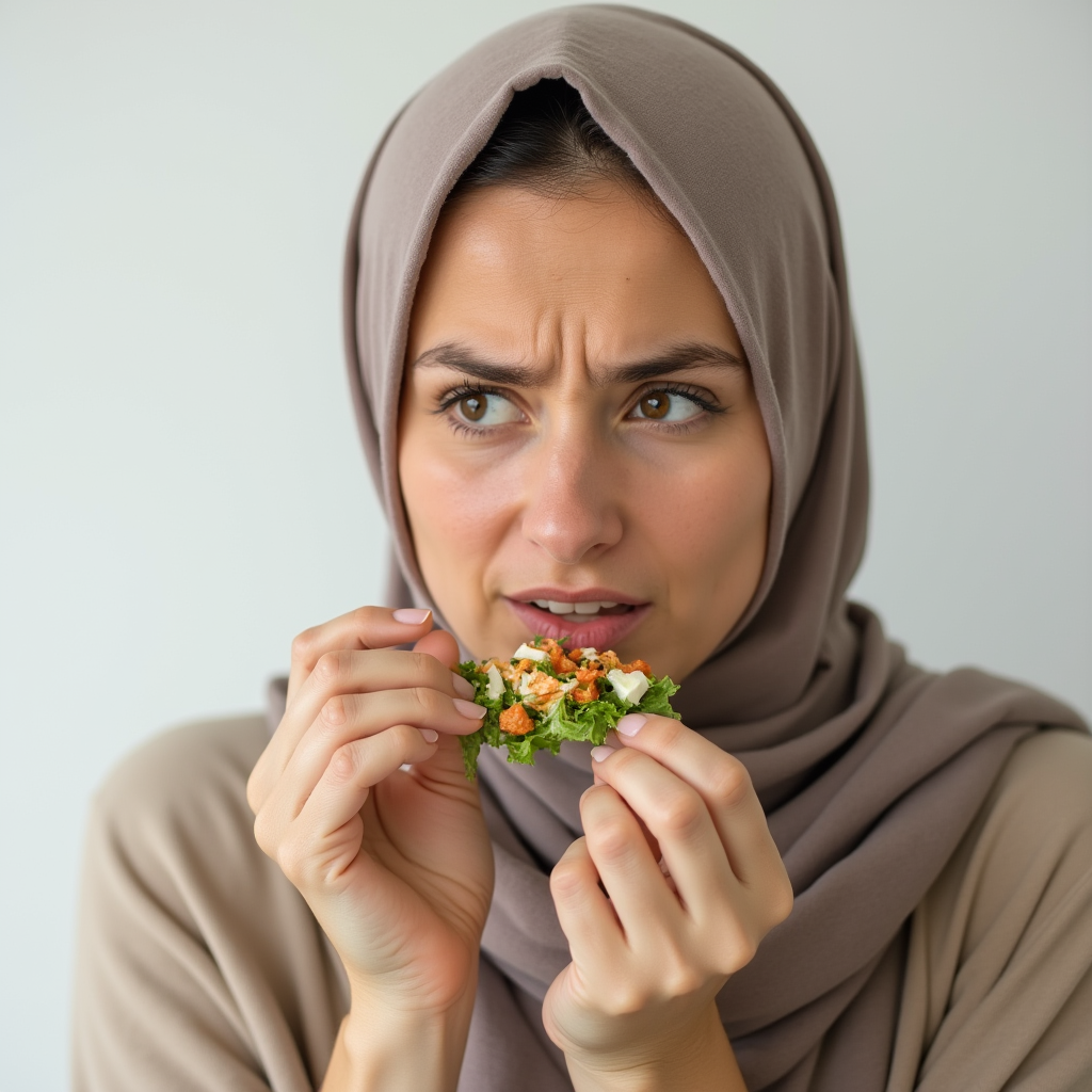 زن با روسری، لقمه بسیار کوچک سالاد یا سبزی را بین انگشتان گرفته، به آن با تردید و نگرانی نگاه میکند