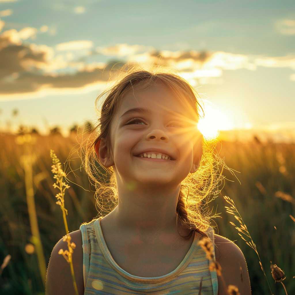 دختربچه کم و سن و یالی که در مرزعه گندم در هوای آفتابی ایستاده است