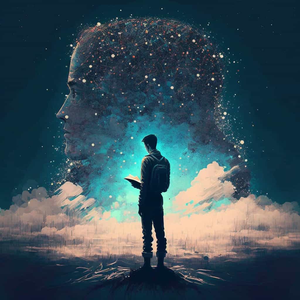پسر جوانی که روی تپه ای ایستاده و در حال مطالعه هدفمند کتاب است